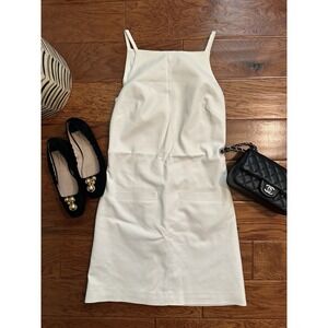 Theory Ivory White Sleeveless Dress Square Neck Front Pocket Mini Shift Size 2